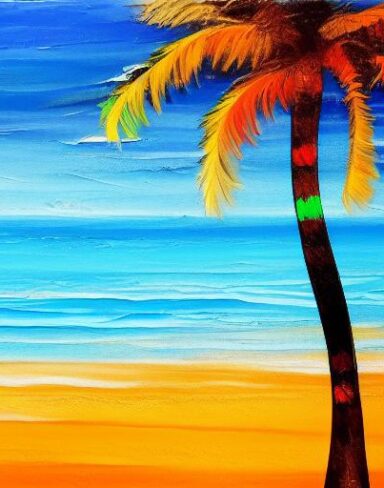 The color painting of a palm tree on a beach