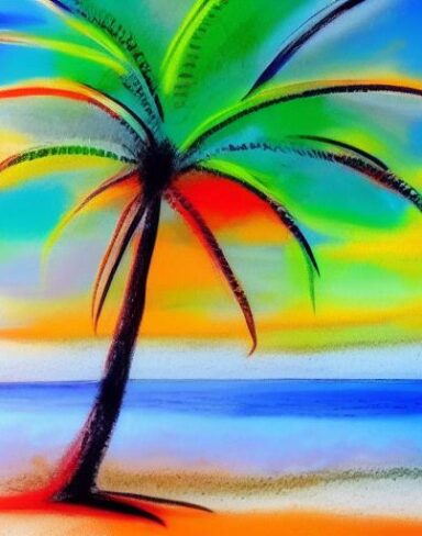 The color painting of a palm tree on a beach