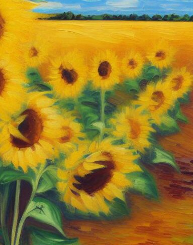 The oil painting of sunflowers in the field