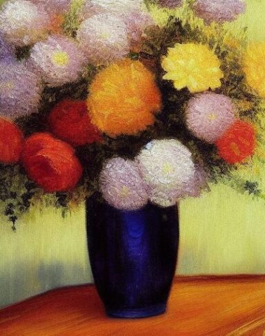The painting of flowers in a vase on a table