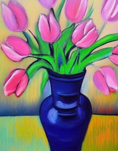 The painting of pink flowers in the vase