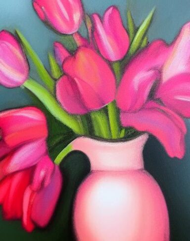 The painting of several pink flowers in a vase
