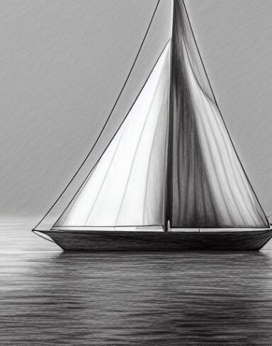 The pencil drawing of a sailboat in the water