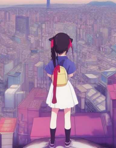 This enchanting anime portrait from Studio Ghibli portrays a school girl in front of the vibrant Tokyo cityscape in an analog photo style. The school girl stands on a rooftop
