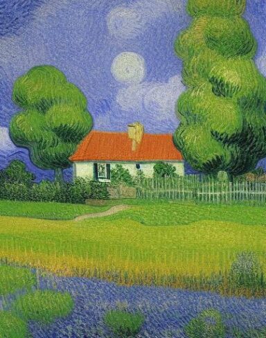Van gogh painting of one house in a garden