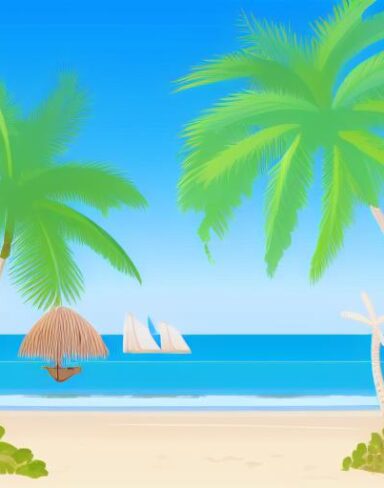 A beach scene with palm trees