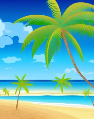 A beach scene with some palm trees