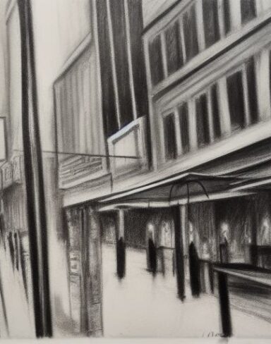 A black and white Charcoal drawing of a city street with restaurant and bar in serene mood