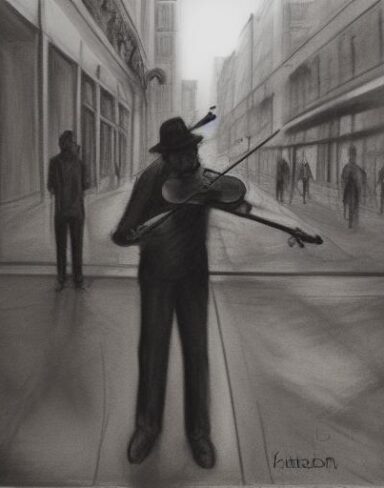A black and white Charcoal drawing of a man playing violin in the city street