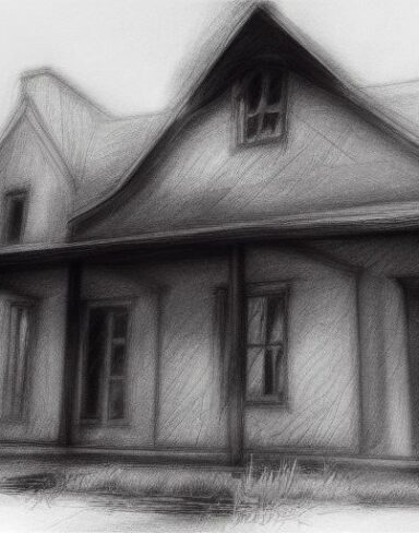 A black and white charcoal drawing of the house