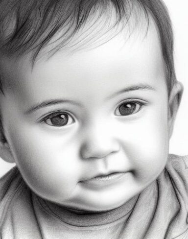 A black and white drawing of a baby boy
