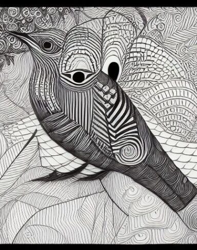 A black and white drawing of a bird