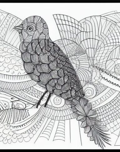 A black and white drawing of a bird
