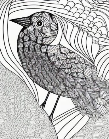 A black and white drawing of a bird
