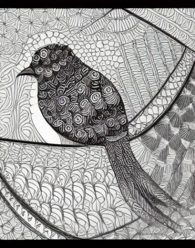 A black and white drawing of a bird