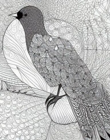 A black and white drawing of a bird