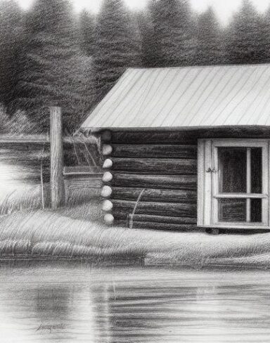 A black and white drawing of a cabin near a lake