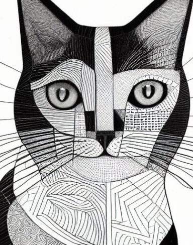 A black and white drawing of a cat