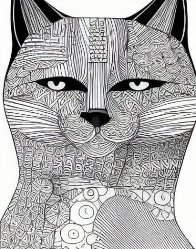 A black and white drawing of a cat