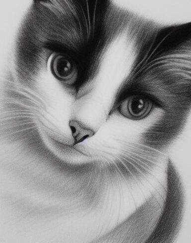 A black and white drawing of a cat