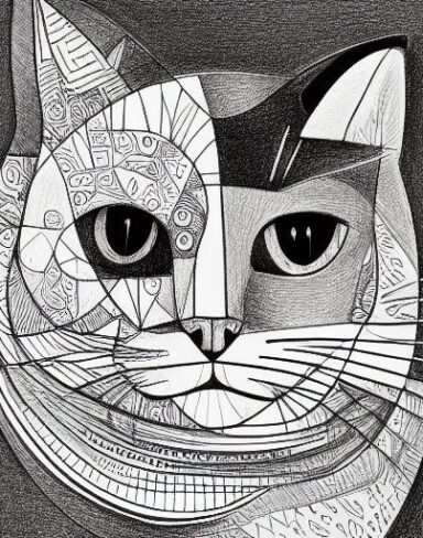 A black and white drawing of a cat