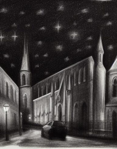 A black and white drawing of a city and church at night with a starry sky with music