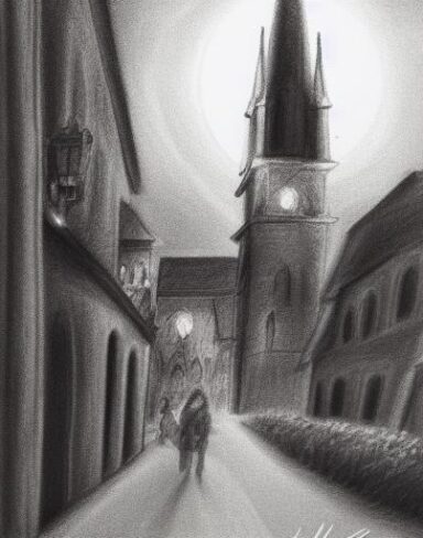 A black and white drawing of a city and church at night with full moon in the day with many flowers