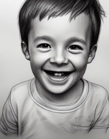 A black and white drawing of a delighted boy