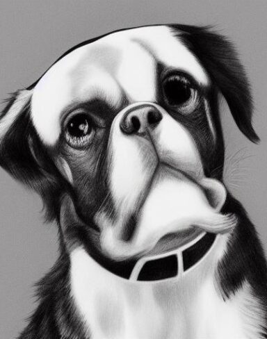 A black and white drawing of a dog