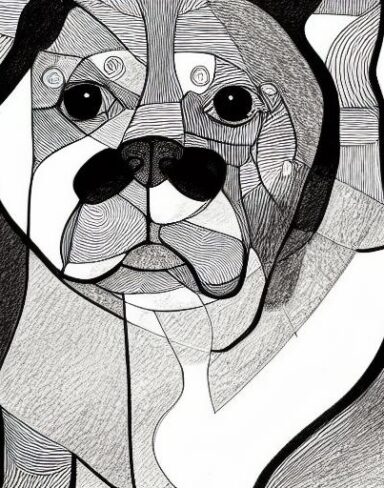 A black and white drawing of a dog