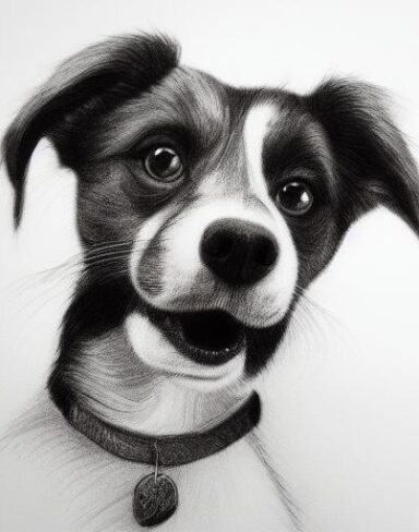 A black and white drawing of a dog playing around
