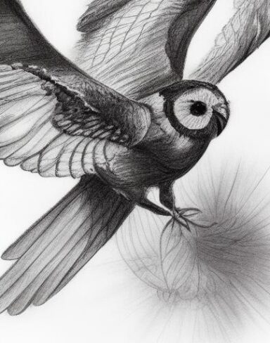 A black and white drawing of a flying bird