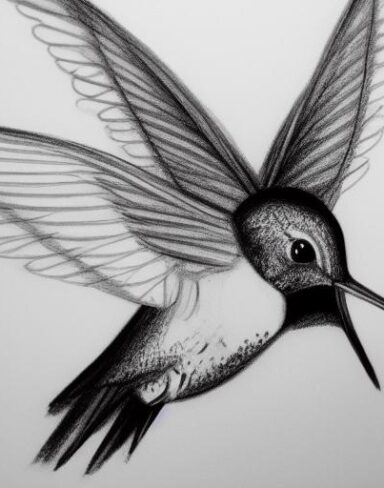 A black and white drawing of a flying hummingbird