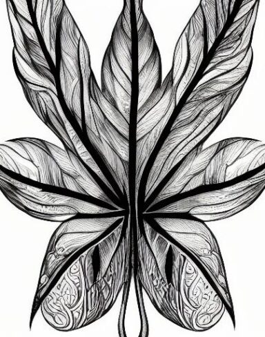 A black and white drawing of a leaf