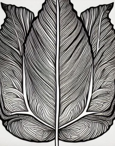 A black and white drawing of a leaf