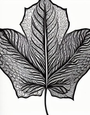 A black and white drawing of a leaf