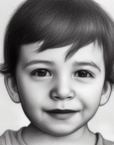 A black and white drawing of a little boy