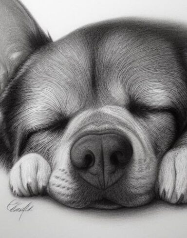 A black and white drawing of a sleeping dog