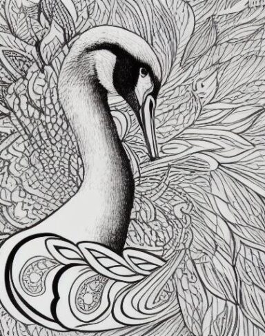A black and white drawing of a swan