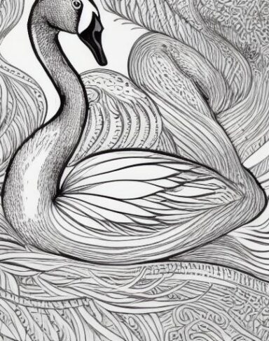 A black and white drawing of a swan