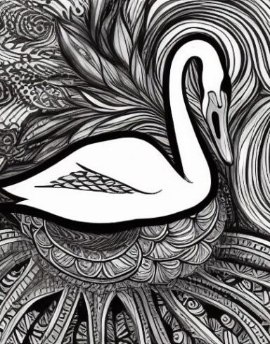 A black and white drawing of a swan
