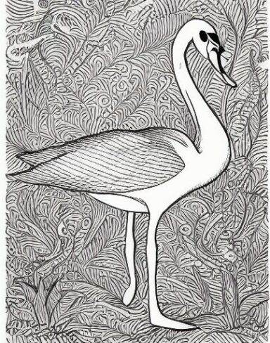 A black and white drawing of a swan
