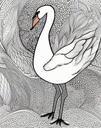 A black and white drawing of a swan