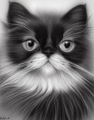 A black and white drawing of persian cat