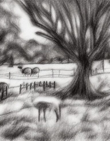A black and white drawing of sheep and trees in rural area