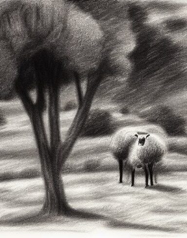 A black and white drawing of sheep and trees in rural area