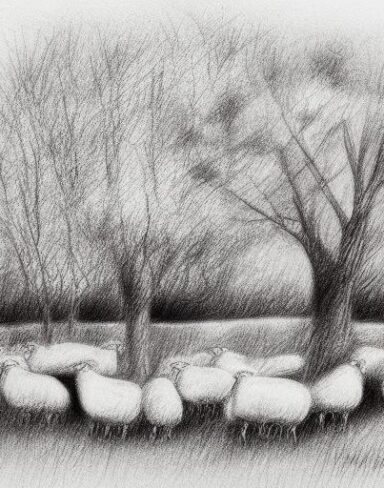 A black and white drawing of sheep and trees with birds in the sky