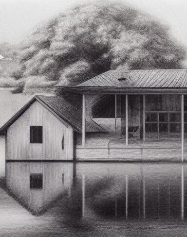 A black and white pencil drawing of a house by a lake