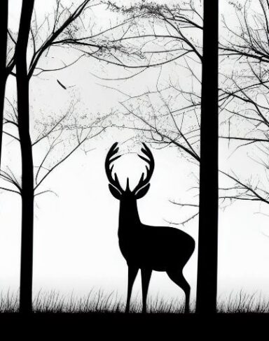 A black and white silhouette of a deer near river and trees