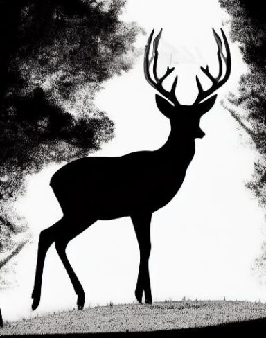 A black and white silhouette of a deer on the hill